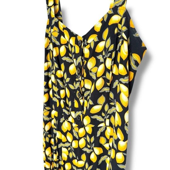 LOFT Black Yellow Lemon Print Jumpsuit Spaghetti Strap Button Up Wide Crop Leg S - Picture 5 of 10